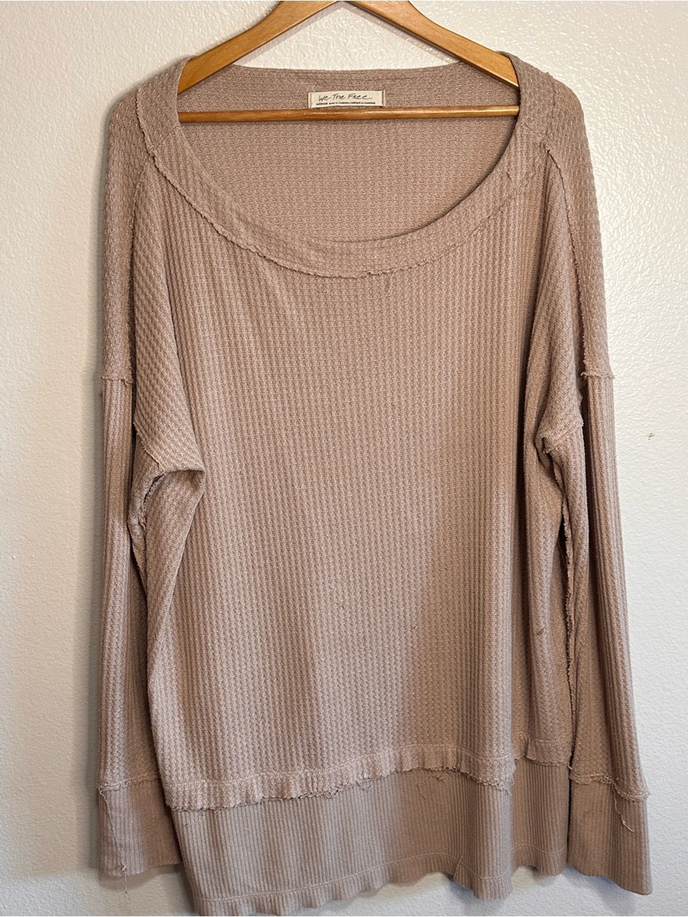 We The Free Relaxed Taupe Waffle-Knit Long Sleeve Top